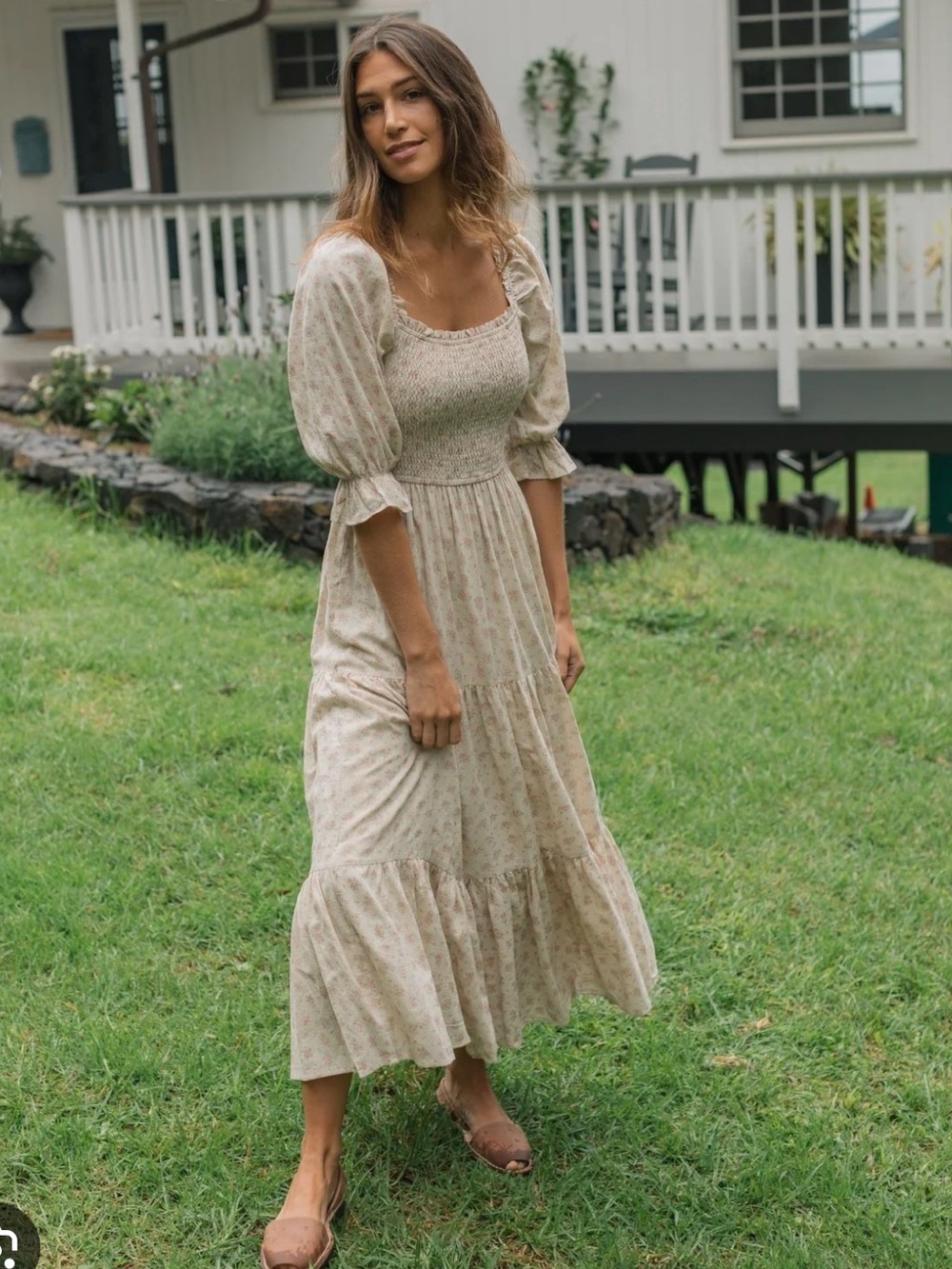 Smocked Puff-Sleeve Maxi Dress in Cream Floral